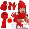 Minicoco Set di cappello, guanti e sciarpa, da donna, morbidi e caldi, lavorati a maglia, foderati in pile, sciarpa lunga e guanti touch screen, 3 in 1, set invernale per sport all'aria aperta, Rosso