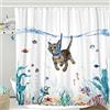 Lifeella Divertente tenda da doccia a forma di gatto, color foglia di tè, in tessuto impermeabile, per il bagno con animali, polpi, stelle marine, tartarughe, ancore, pesci, nautica (gatto)