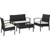 Outsunny Set Mobili da Giardino in Rattan Sintetico Composto da 1 tavolino 2 poltrone e 1 divano a 2 posti Nero e Crema|Aosom