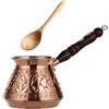 DEMMEX Cezve Turca in Rame Massiccio, Ibrik Arabo Greco, Pentolino per Caffè Stovetop con Manico in Legno e Cucchiaino, Fatto a Mano in Turchia, 270 ml (Inciso)