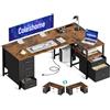 Coleshome Scrivania Angolare con Tessuto Cassetti, 140x80cm Reversibile Scrivania a l con Cassetto Portadocumenti, Scrivania per Computer con Porta di Ricarica USB e Presa di Corrente, Marrone
