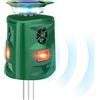 Generic Repellente a ultrasuoni a 360° per gatti e volpi, 5 modalità, repellente per piccioni solare e a batteria, impermeabile, deterrente per uccelli, scoiattoli, gatti, spaventapasseri per giardino, con