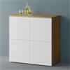 Mai & Mai Mobile Contenitore 76x36.4x74cm, Marrone chiaro+Bianco opaco | Mobiletto Multiuso con 4 ante e 4 vani per Soggiorno, Sala da Pranzo, Camera da Letto Schrank04