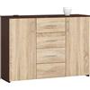 AKORD Cassettiera K45 con 4 cassetti e 2 ripiani con Ante | Mobiletti Ingresso Bagno | Armadio Cameretta | Comodino | B110 x H80 x P35 cm, peso 43 kg Wengé/Rovere Sonoma