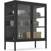 tectake® Vetrina Espositiva in Metallo con Ante in Vetro Temperato, 80 x 37 x 90,5 cm, Libreria Mobile, 2 Ripiani Regolabili, Armadietto Moderno per Casa Ufficio Studio Vetrina Soggiorno - Nero