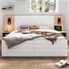 BLUON HOME Letto matrimoniale in legno, 180 x 200 cm, con 2 cassetti, testiera con funzione di ricarica USB, letto moderno con 2 comodini, struttura del letto e rete a doghe, 255 x 80 x 207 cm, set in