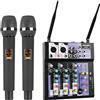 SIKUING Mixer audio con 2 microfoni wireless, 4 canali, mixer DJ professionale con Bluetooth/USB, alimentazione phantom da 48 V, compatibile con computer, karaoke, feste, riunioni, registrazione in