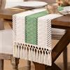 DeZerlor Runner da tavola in macramè bohémien, con nappe, 228 cm, in cotone e lino, color avorio e verde salvia, centrotavola per tavolo da pranzo, comò, casa, tavolo da tè