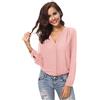 Urban GoCo Donne Camicette Manica Lunga Pieghe Chiffon con Scollo V Colore Puro Camicia Blusa (XL, Rosa)