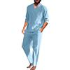 Beokeuioe Pigiama da uomo in cotone e lino, a maniche lunghe e pantaloni lounge, con scollo a V, set di due pezzi, pigiameria retrò a maniche lunghe, B azzurro, S