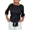 Generic Top da donna Slim Fit in vita manica a tre quarti Top estivi colore puro girocollo anteriore con lacci nodo camicia top, Nero , L