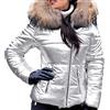 Beokeuioe Giacca invernale da donna, corta invernale, piumino lucido, trapuntato, da donna, con colletto in finta pelliccia, trapuntato, giacca per le mezze stagioni, argento X001, L