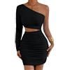 Belriviere Mini abito aderente da donna monospalla con una manica increspata ritagliata sexy abito corto per feste in discoteca appuntamenti serali, Nero , XS
