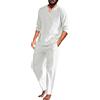 Beokeuioe Pigiama da uomo in cotone e lino, a due pezzi, a maniche lunghe e pantaloni lounge con scollo a V, B bianco, M