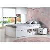 Dmora Letto con vani contenitore e comodino conruote incluso in pino massello verniciato ad acqua bianco, cm 209 x 96 x 47,5