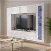 Dmora - Parete attrezzata Luigi, Set salotto porta TV a 4 ante, Mobile soggiorno multiuso, 100% Made in Italy, cm 260x30h180, Bianco lucido, con luce LED blu ed una vetrina