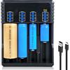 Behogan Caricabatterie universale 18650, a 4 scomparti, con indicatore LED, caricatore universale per batterie USB veloce per batterie agli ioni di litio 18650 18350 21700 16340 26650 AA AAA C 3,7 V