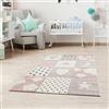 Jimri Tappeto per cameretta dei bambini, motivo patchwork con cuori, stelle e nuvole, unisex, colore: blu, grigio e rosa