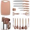 RAXCO Set di 18 coltelli affilati con blocco, argento e acciaio inox, con spatola in silicone, mestolo per zuppa, spaghettil?ffel, pinze per barbecue (Mokka Braun)