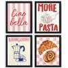 FloralGrace Set di Poster caffè Rosa Trendy, Vintage Italiano Pasta Coffee Bar Cart Poster da Parete, Dopamina Decorazione Estetica Italiana, Quadri da Cucina 20x30 CM Cornice