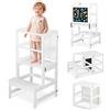 Bonnlo Torre Montessoriana Pieghevole 3 in 1, Scaletta Bambini con Lavagna e Piedini Antiscivolo, Sedia Montessoriana Bambini, 42 x 44 x 84cm (Bianco)