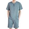 Beokeuioe Pigiama Set di pantaloncini e maglietta in cotone e lino, da spiaggia, da uomo, corto, cinese, in due pezzi, estivo, pigiameria, tuta da notte, Blu, L