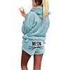 Winmany Pigiama da donna con ricamo di gatto 2 pezzi invernale carino per ragazze con cappuccio pigiama orecchie di gatto accappatoio maniche lunghe pantaloncini pile tuta, Blu, S