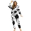 Beokeuioe Pigiama da donna in pile, invernale, caldo, tuta intera Onesie peluche con stampa di mucca, ispessita su entrambi i lati, in pile, A nero, S