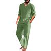 Beokeuioe Pigiama da uomo in cotone e lino, a maniche lunghe e pantaloni lounge, con scollo a V, set di due pezzi, pigiameria retrò a maniche lunghe, B verde., XL