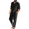 Beokeuioe - Pigiama da uomo in due pezzi, in cotone e lino, con maniche lunghe, maglietta e pantaloni da salotto con scollo a V, set da notte retrò a maniche lunghe, B nero, XL
