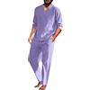 Beokeuioe - Set pigiama da uomo, in cotone e lino, 2 pezzi, biancheria da notte, maglietta a maniche lunghe e pantaloni da lounge con scollo a V, a maniche lunghe, stile retrò, T-shirt, B viola., L