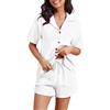 Famulily Pigiama corto da donna, 100% cotone, con scollo a V, a maniche corte, con bottoni e pantaloncini con tasche e coulisse, set da 2 pezzi, pigiama da spiaggia, set estivo, bianco, M