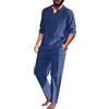 Beokeuioe - Pigiama da uomo in cotone e lino, 2 pezzi, biancheria da notte, maglietta a maniche lunghe e pantaloni da salotto con scollo a V, set da notte a maniche lunghe, T-shirt retrò, B blu., XL