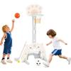 HOMASIS 3 in 1 Canestro Basket Esterno Bambini con Porta Calcio e Golf, Pallacanestro per Bambini Pieghevole e Regolabile in Altezza, Parco Giochi da Esterno con Palle e Mazza da Golf (Beige)