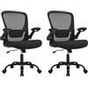 SONGMICS Set di 2 Sedie da Ufficio, Poltrona Ergonomica in Rete, Sedia per Computer, con Supporto Lombare Imbottito, Schienale Oscillante, Seduta Larga 53 cm, Braccioli a Ribalta, Nero OBN37BK-2