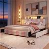 MGMYM Letto 140 x 190 cm con rete LED e USB, letto matrimoniale imbottito con 4 cassetti, rete a doghe imbottite, testiera imbottita per adulti e adolescenti, velluto, senza materasso, bianco e rosa