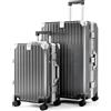 ALPHA CAMP Set di 2 Valigie Grigio, Valigia Media Rigida, Valigia Grigio TSA Serratura con Ruote, Valigia Grande 23 KG Policarbonato Cornice in Alluminio Ricarica