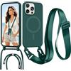Pnakqil Magnetica Cover con Cordino per iPhone 15 Pro Max, Silicone Case con Laccio per Collo Cellulare Custodia, Antiurto Protettiva Case con Regolabile Nylon Corda Collana Tracolla, Verde