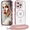 Coiwxmoi Cover Magnetica per iPhone 14 Pro Max Custodia con Cordino Laccio, Compatibile con Magsafe Trasparente Glitter Silicone Protettiva Antiurto Antigraffio Case con Collana, Rosa