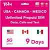 TSIM Carta SIM Prepagata USA per 9 Giorni | Dati Illimitati 4G/5G negli USA + Dati a Bassa Velocità in Canada/Messico | Chiamate Locali Illimitate | Chiamate e SMS Gratuiti in Arrivo