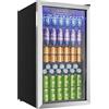 EUHOMY Frigorifero per bevande con porta in vetro per 126 lattine, ripiani regolabili per birra/vino, casa/bar/ufficio, acciaio inossidabile argento