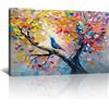 FajerminArt Astratto Fiore Floreale Alberi Uccello Grande Stampa su Tela Con Cornice Quadro Natura Colorato Albero della vita Quadri su Tela Pittura su tela soggiorno camera da letto Decorazione Murale 90x60cm
