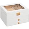 HOOBRO Scatola Portagioie 3 Livelli con Coperchio in Velluto e Finestra in Acrilico, 2 Cassetti, per Collane Orecchini Bracciali Anelli Orologi, Bianco EWT26JB04