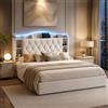 BRILVERDE Letto imbottito 160x190 con Contenitore, letto matrimoniale con USB e LED, funzionale con testiera, struttura letto con rete a doghe, in velluto(Beige, 160x190 cm)