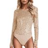 Genérico Top di Paillettes Donna Body Femminile Maglietta Manica Lunga Bodysuits Paillettes Crociato per Carnevale Body Perizoma da Ballo Shapewear Abbigliamento Club, oro, S