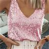 Top Donna Paillettes Canottiera Senza Maniche Scollo a V Nero Silver Glitter