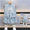 Completo Hanfu Bambino Blu Insieme Tunica Tang Con Panciotto + Pantaloncini