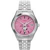 Timex Orologio da polso da donna con cinturino in acciaio inossidabile con ombrello Snoopy Legacy, color argento, quadrante rosa, cassa argentata