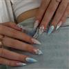 MouyouGlow Unghie Finte Corte MouyouGlow,Mandorla Blu French 3D Fiori Floral Perle Ocean Design Short Press on Nails,Blue Tips Airbrushing Flower Sweet Estate INS Fake Nails