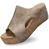 Dasongff Sandali da donna estivi comodi in pelle da donna, sandali alla moda, punta aperta con zeppe, piattaforma di alta qualità, ortopedici, vintage, pantofole da spiaggia estive, Kaki 2., 39 EU